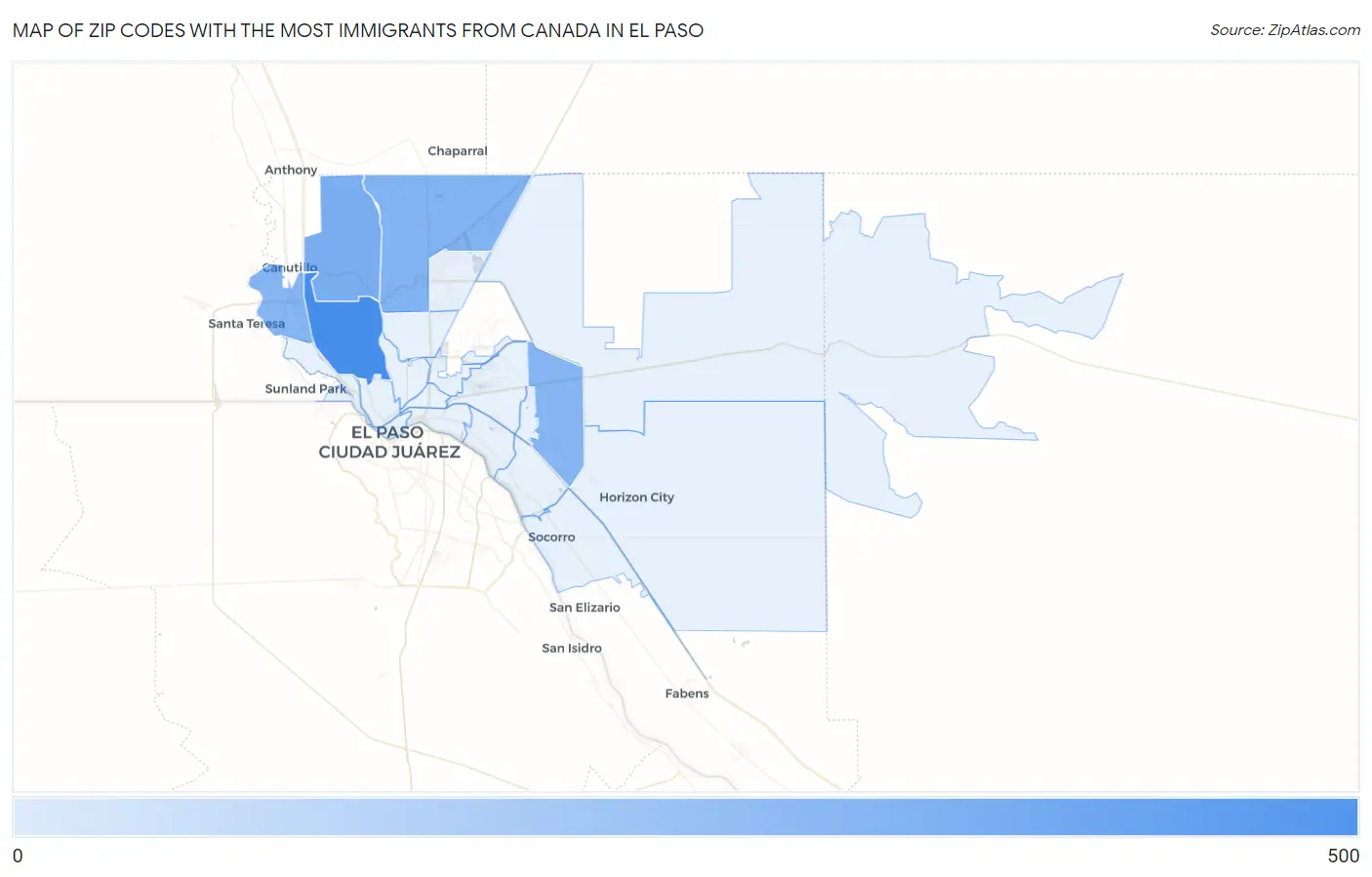 Zip Codes with the Most Immigrants from Canada in El Paso Map