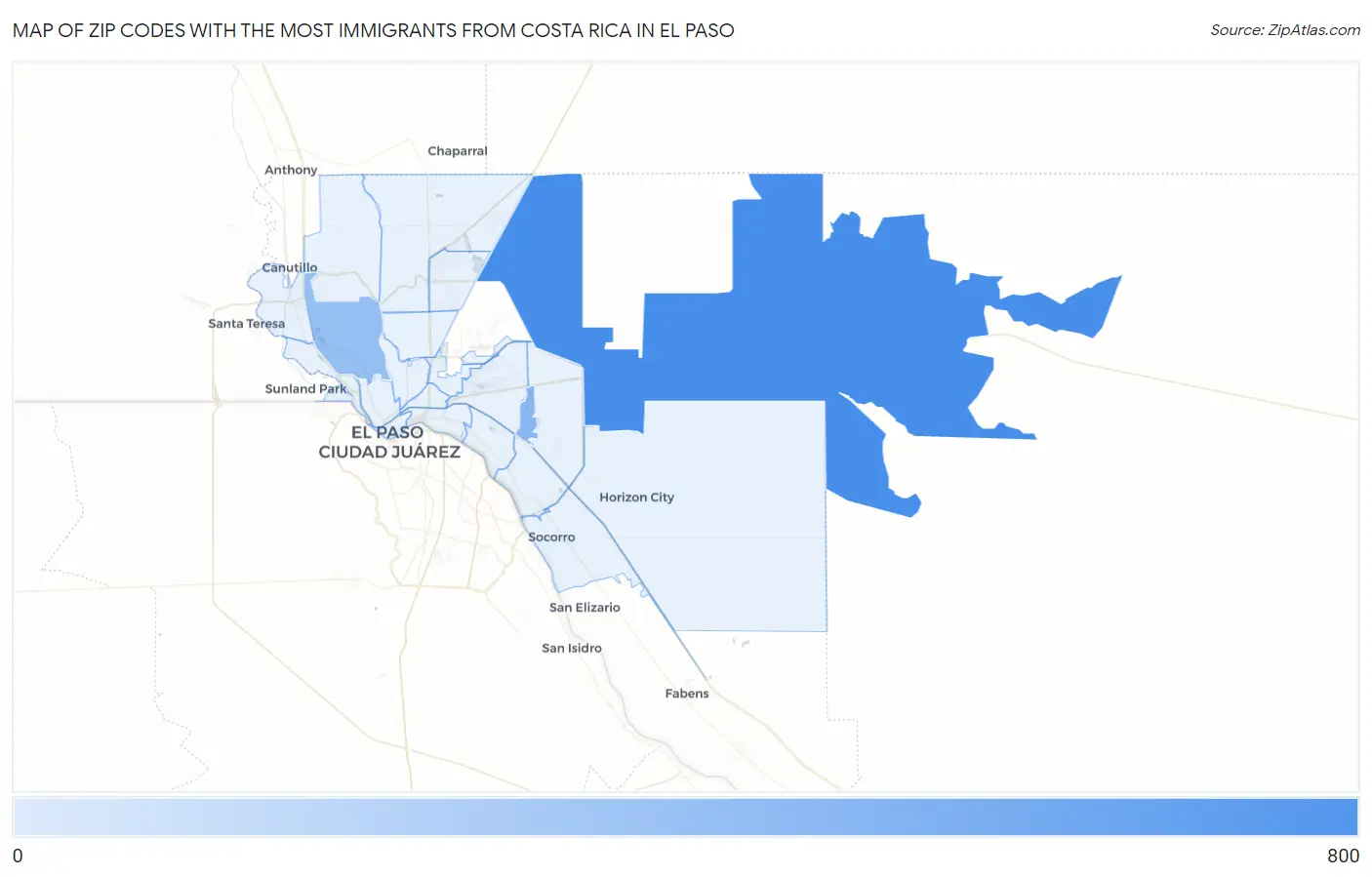 Zip Codes with the Most Immigrants from Costa Rica in El Paso Map