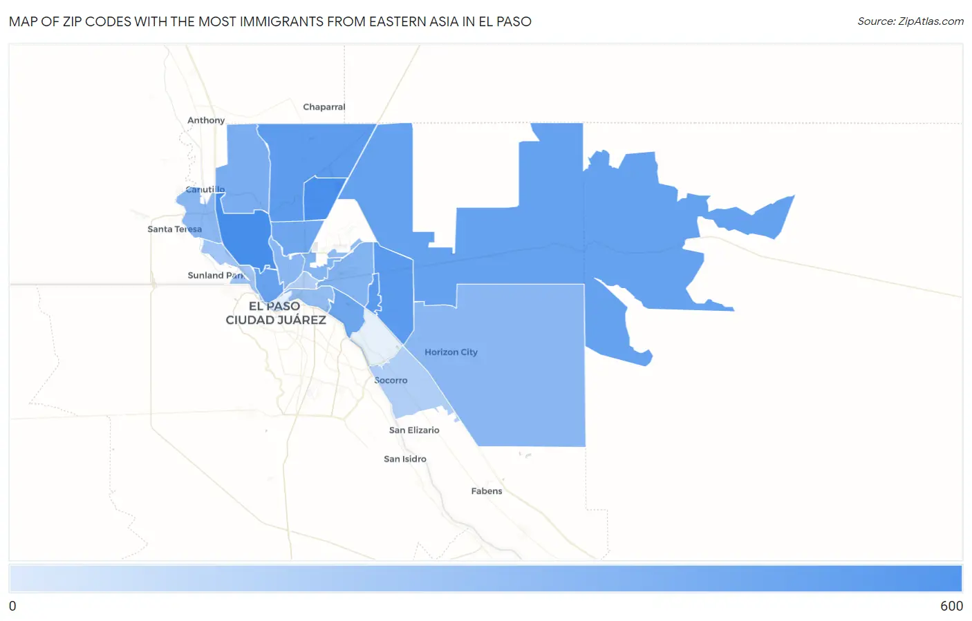Zip Codes with the Most Immigrants from Eastern Asia in El Paso Map