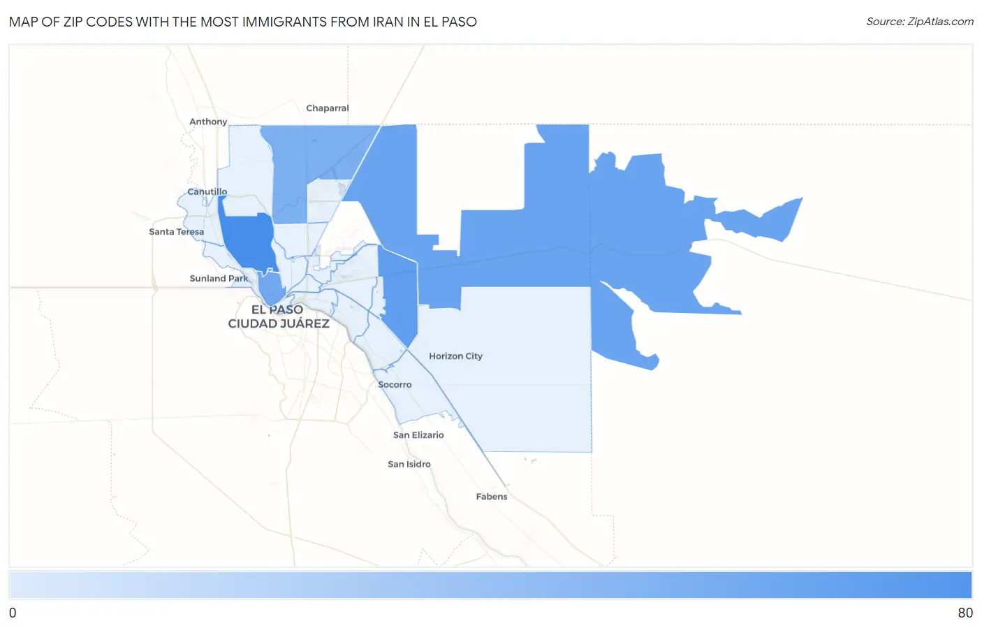 Zip Codes with the Most Immigrants from Iran in El Paso Map