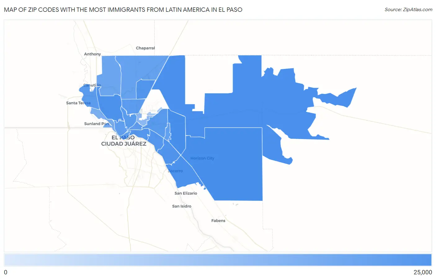 Zip Codes with the Most Immigrants from Latin America in El Paso Map