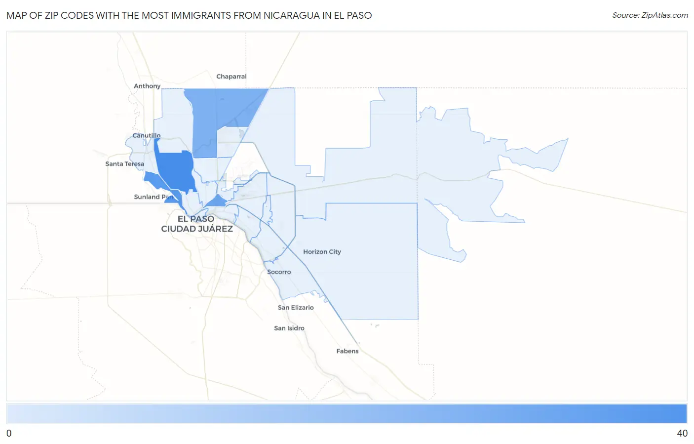 Zip Codes with the Most Immigrants from Nicaragua in El Paso Map
