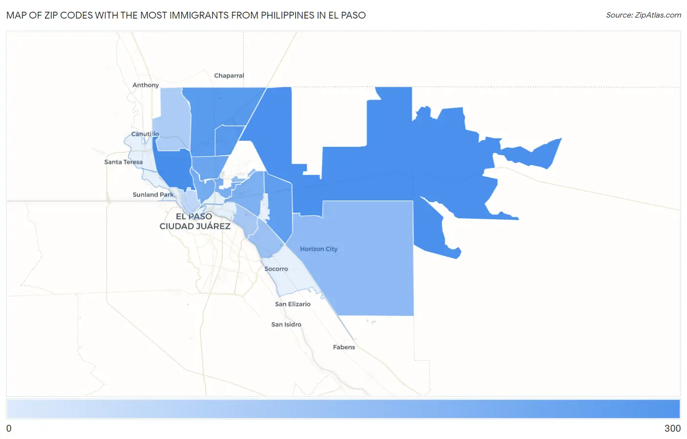 Zip Codes with the Most Immigrants from Philippines in El Paso Map