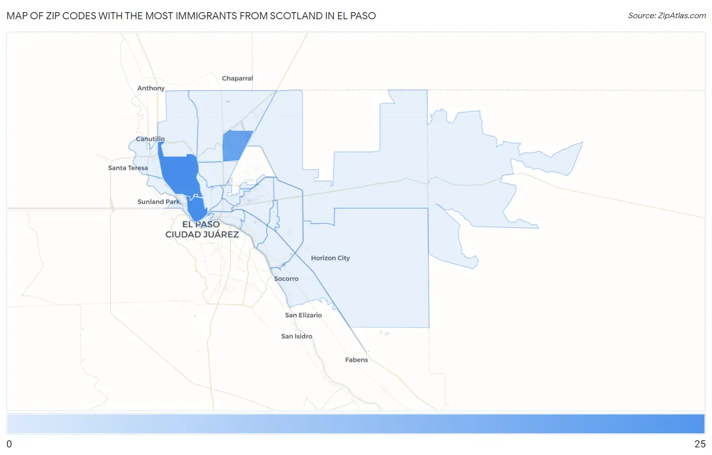 Zip Codes with the Most Immigrants from Scotland in El Paso Map