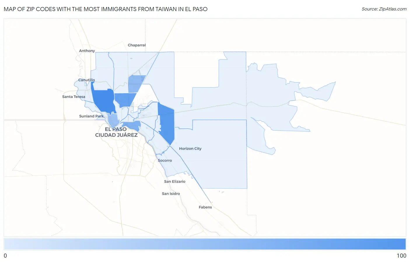 Zip Codes with the Most Immigrants from Taiwan in El Paso Map