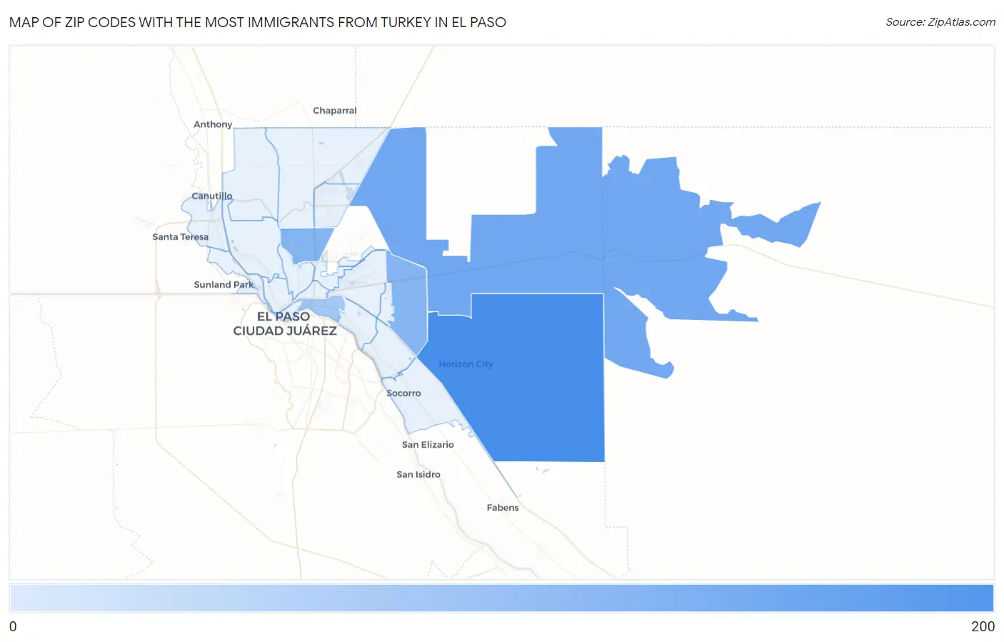 Zip Codes with the Most Immigrants from Turkey in El Paso Map