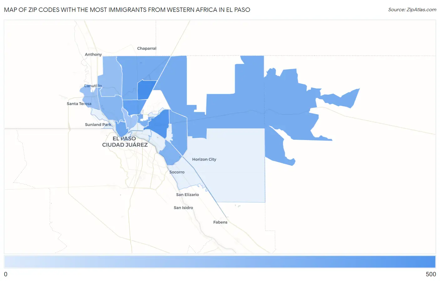 Zip Codes with the Most Immigrants from Western Africa in El Paso Map