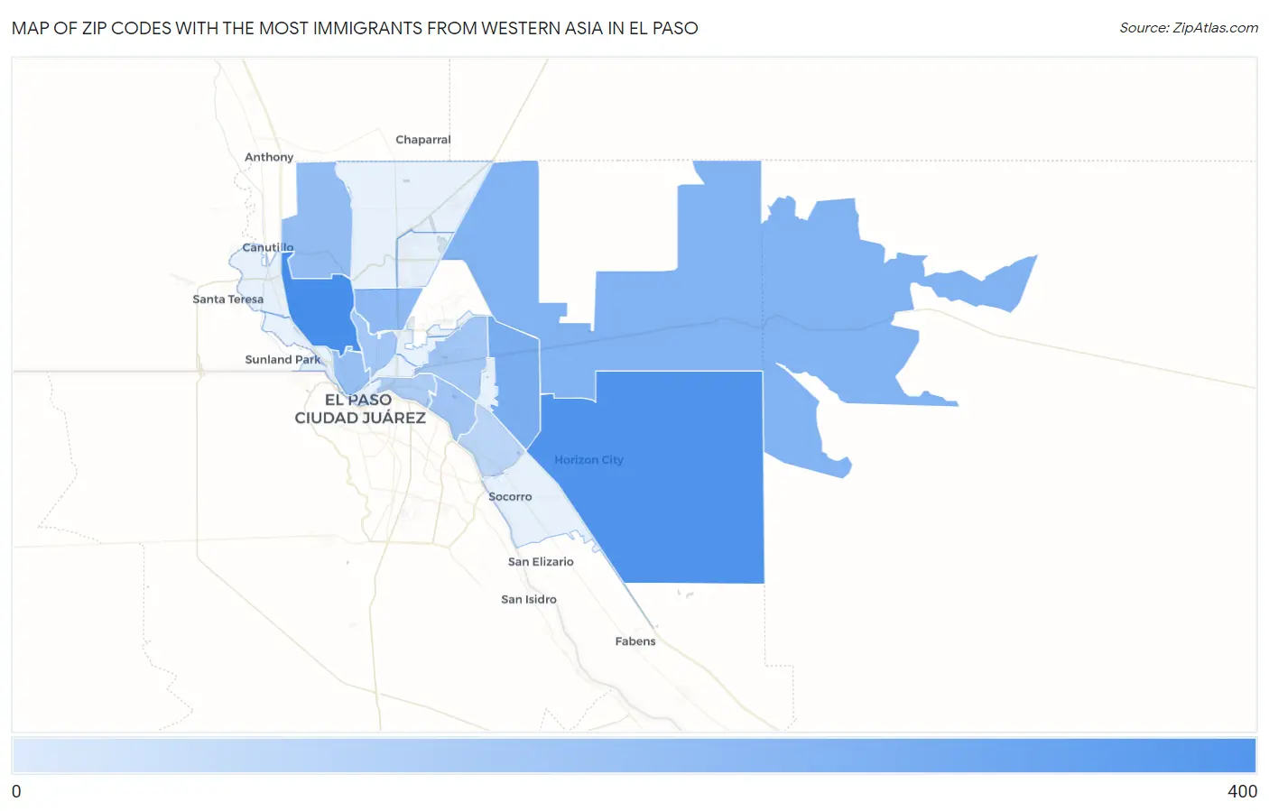 Zip Codes with the Most Immigrants from Western Asia in El Paso Map