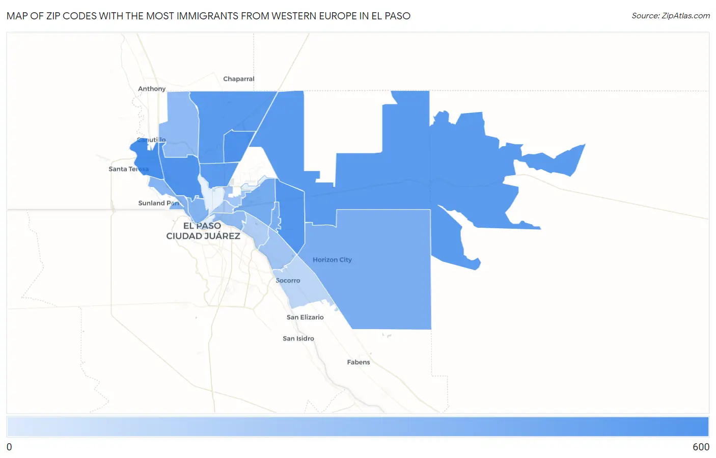 Zip Codes with the Most Immigrants from Western Europe in El Paso Map