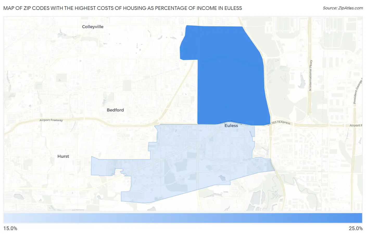 Zip Codes with the Highest Costs of Housing as Percentage of Income in Euless Map