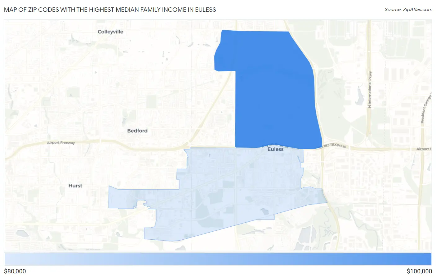 Zip Codes with the Highest Median Family Income in Euless Map
