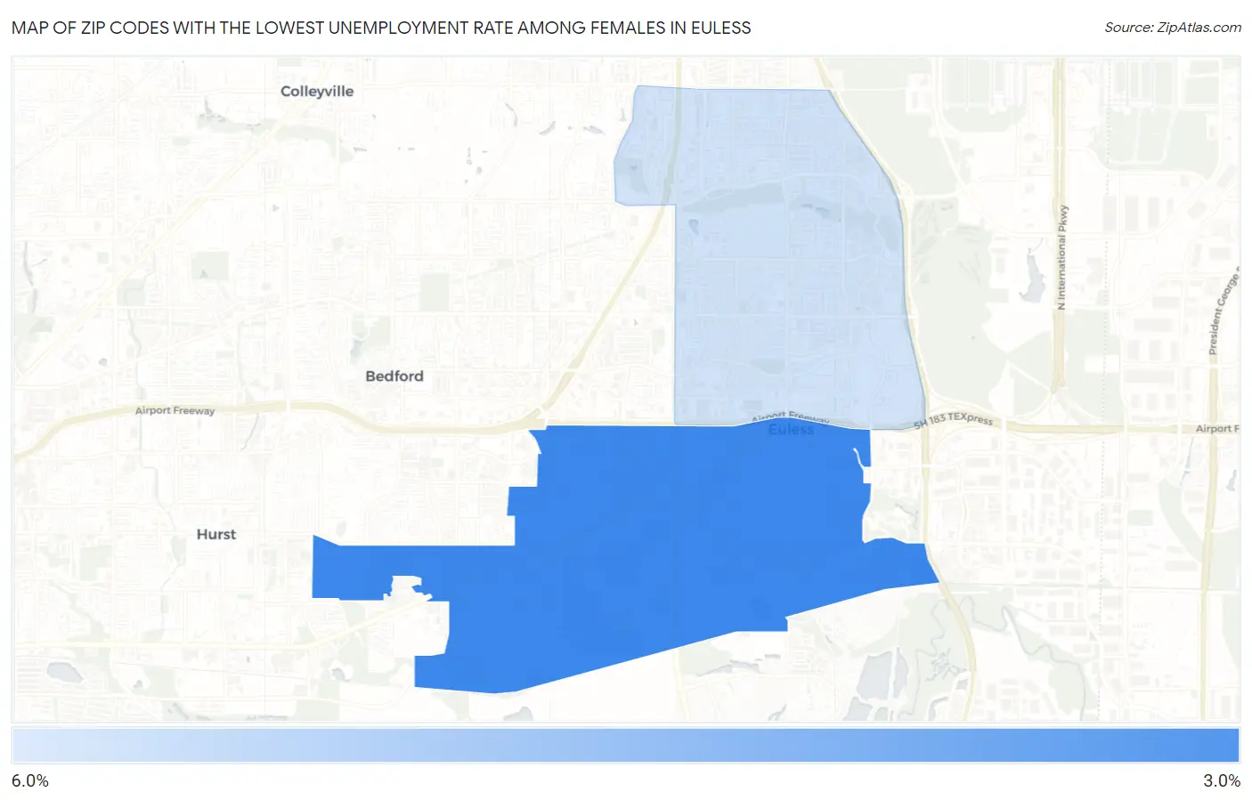 Zip Codes with the Lowest Unemployment Rate Among Females in Euless Map