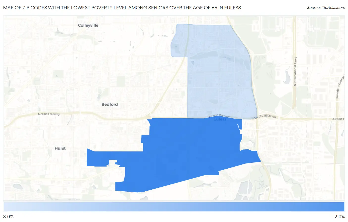 Zip Codes with the Lowest Poverty Level Among Seniors Over the Age of 65 in Euless Map