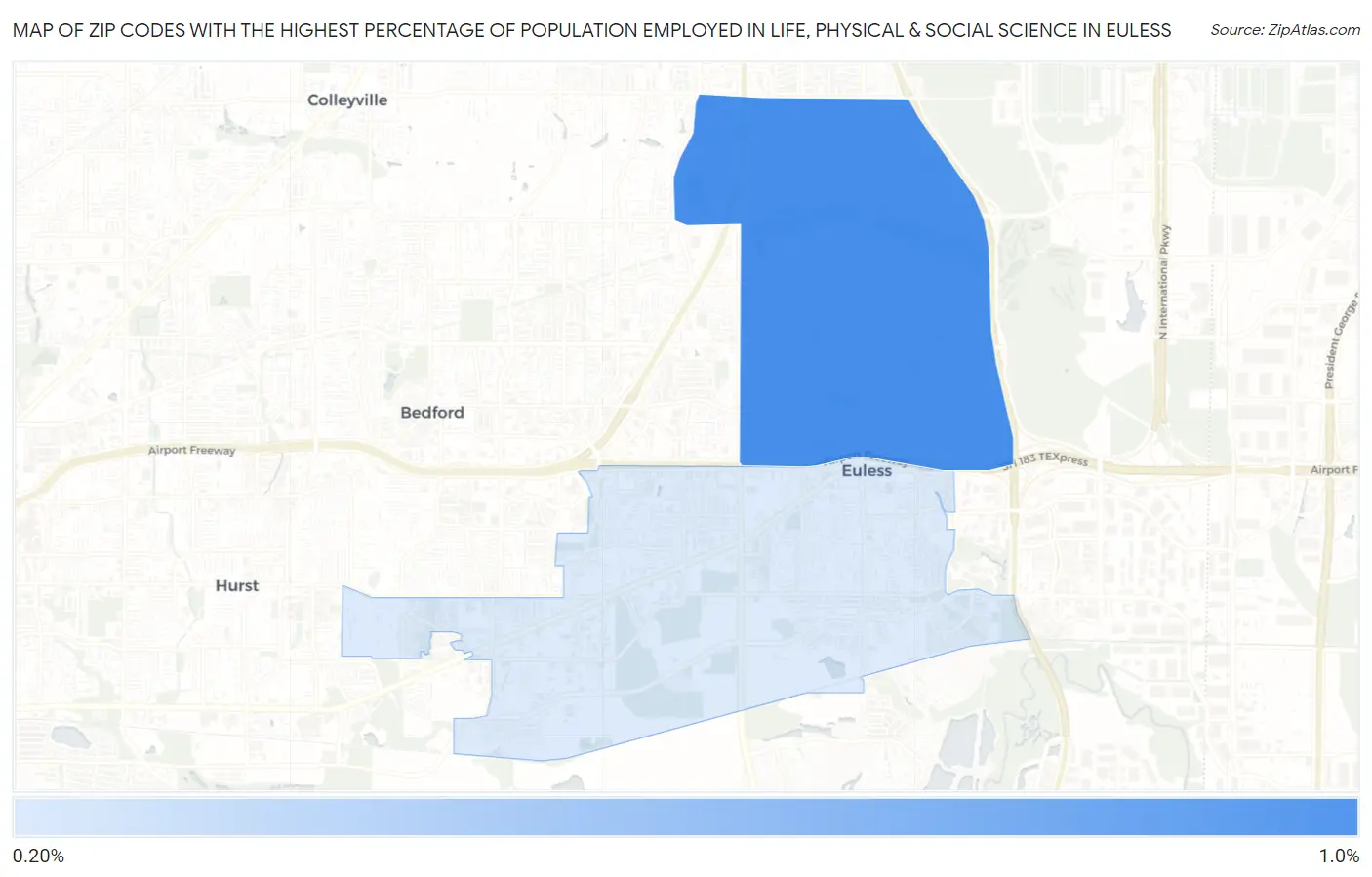 Zip Codes with the Highest Percentage of Population Employed in Life, Physical & Social Science in Euless Map