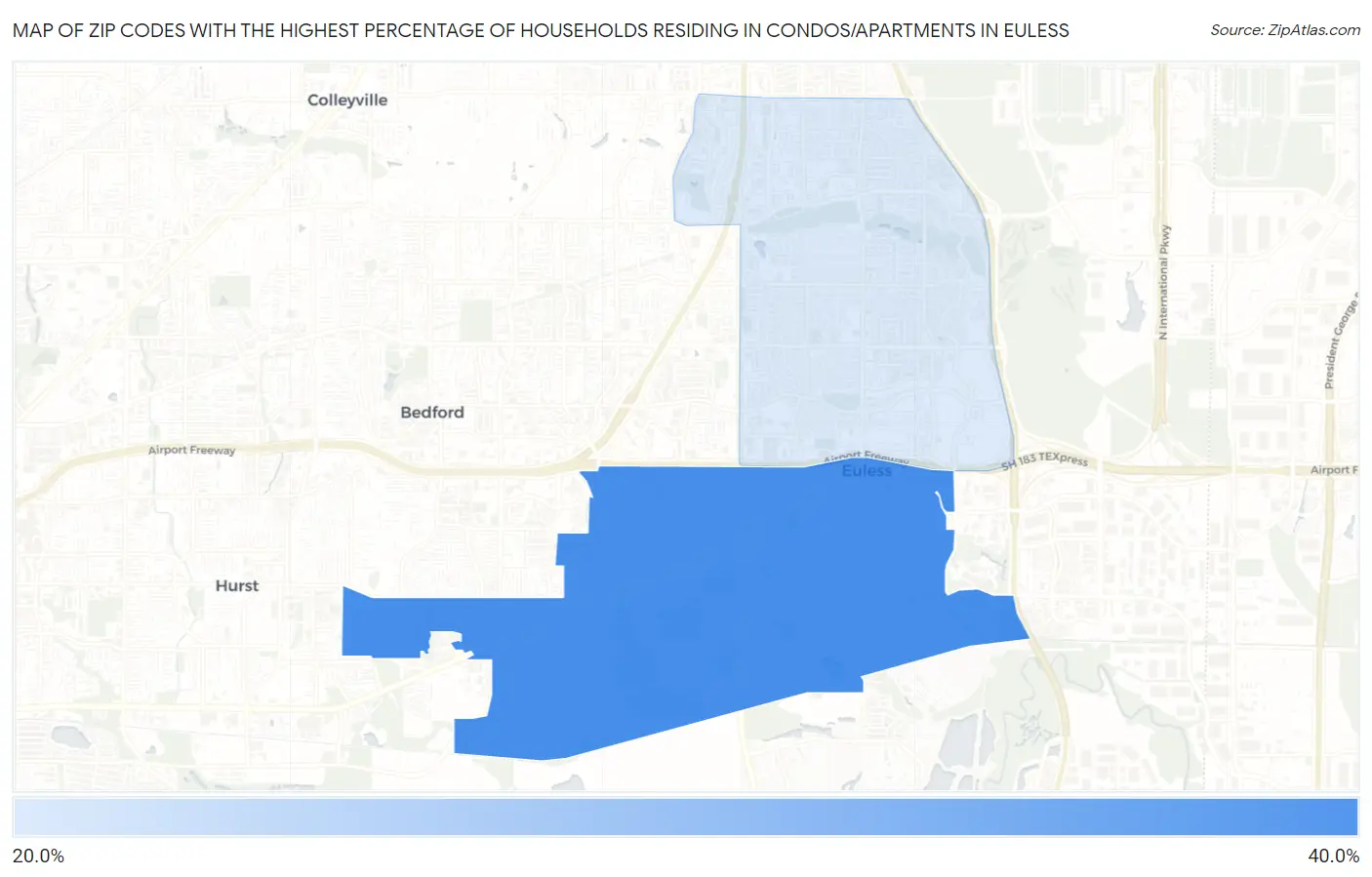 Zip Codes with the Highest Percentage of Households Residing in Condos/Apartments in Euless Map
