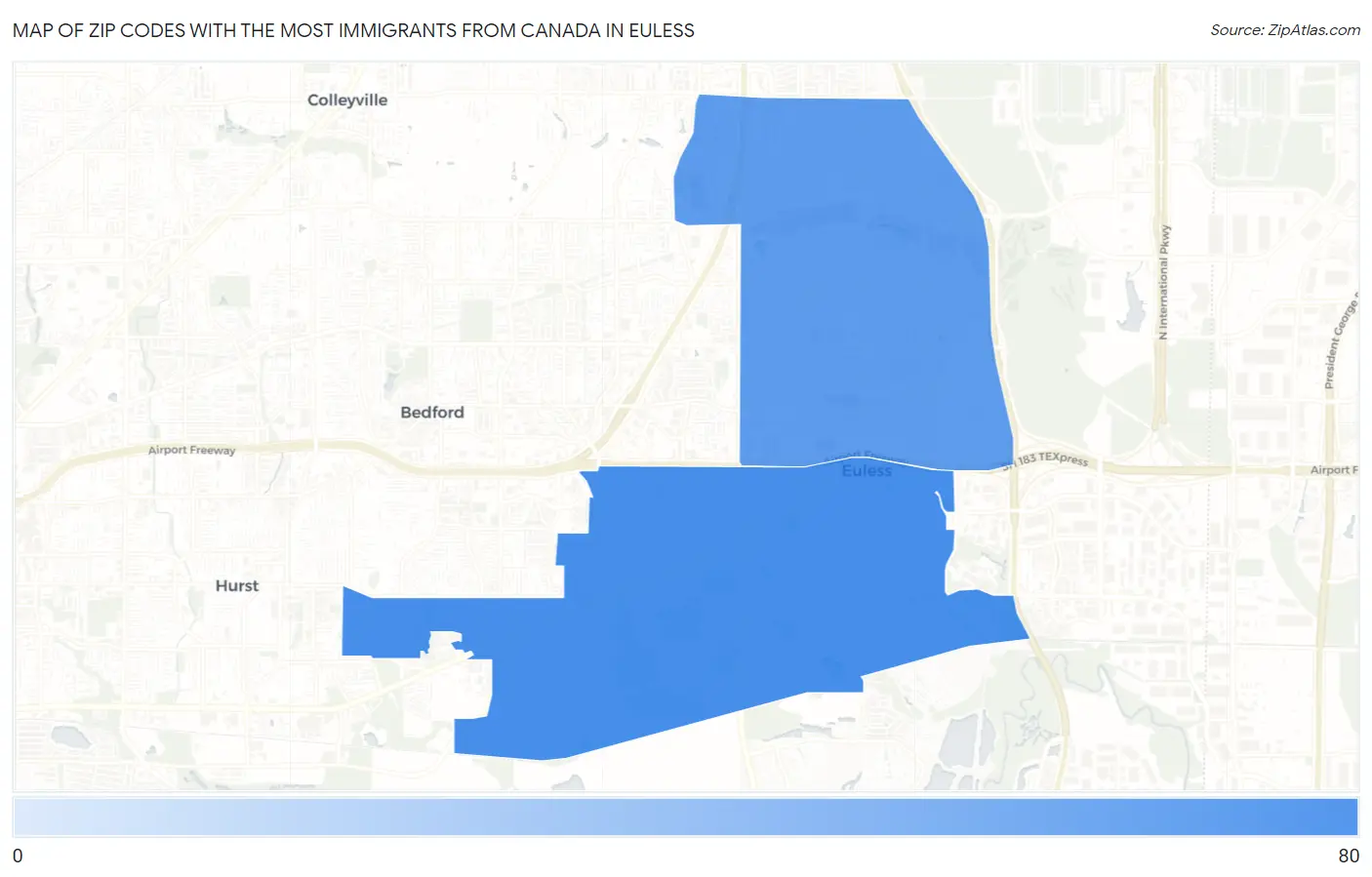 Zip Codes with the Most Immigrants from Canada in Euless Map