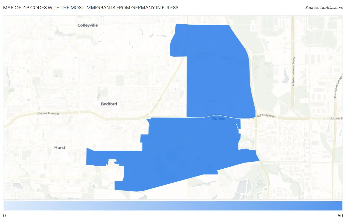 Zip Codes with the Most Immigrants from Germany in Euless Map