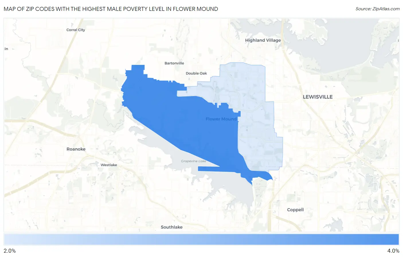 Zip Codes with the Highest Male Poverty Level in Flower Mound Map