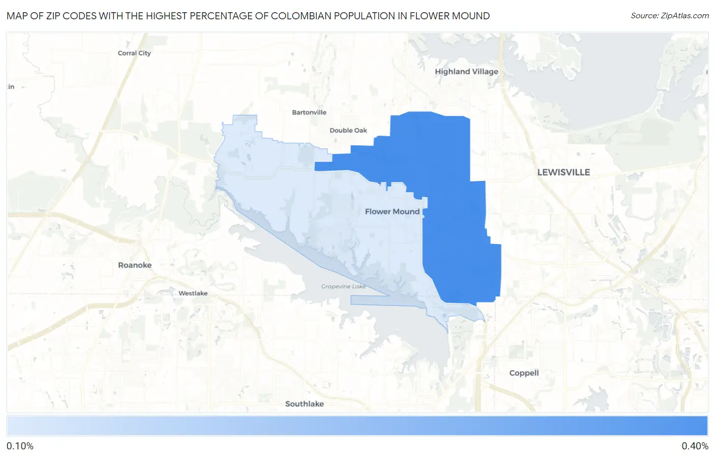 Zip Codes with the Highest Percentage of Colombian Population in Flower Mound Map