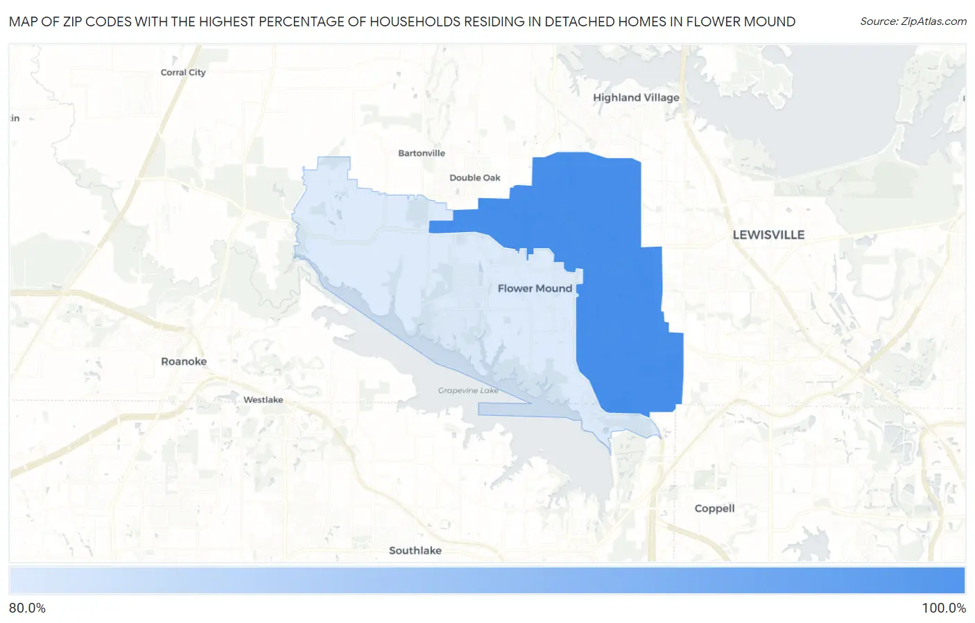 Zip Codes with the Highest Percentage of Households Residing in Detached Homes in Flower Mound Map