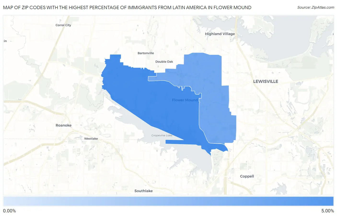 Zip Codes with the Highest Percentage of Immigrants from Latin America in Flower Mound Map