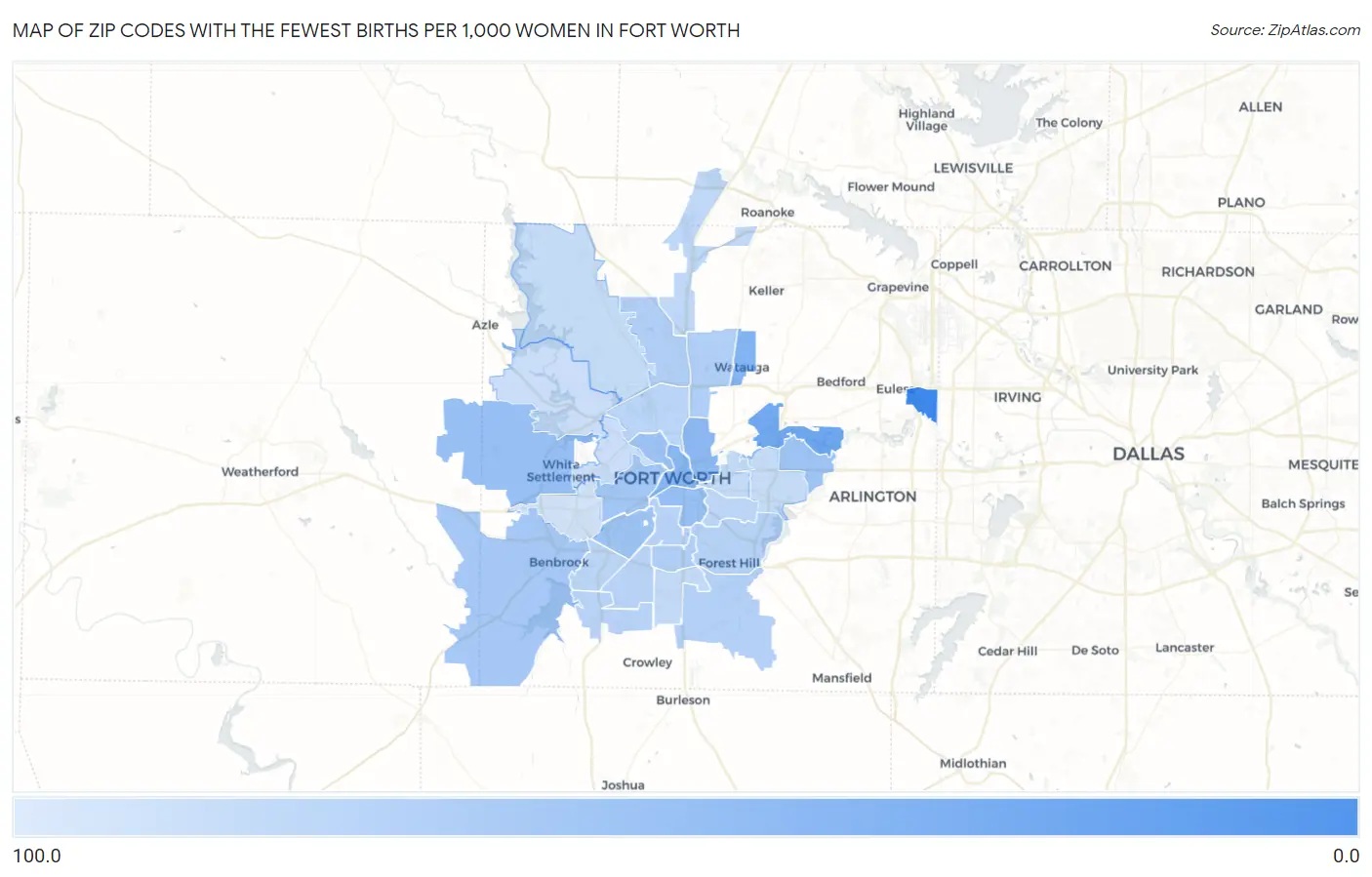Zip Codes with the Fewest Births per 1,000 Women in Fort Worth Map