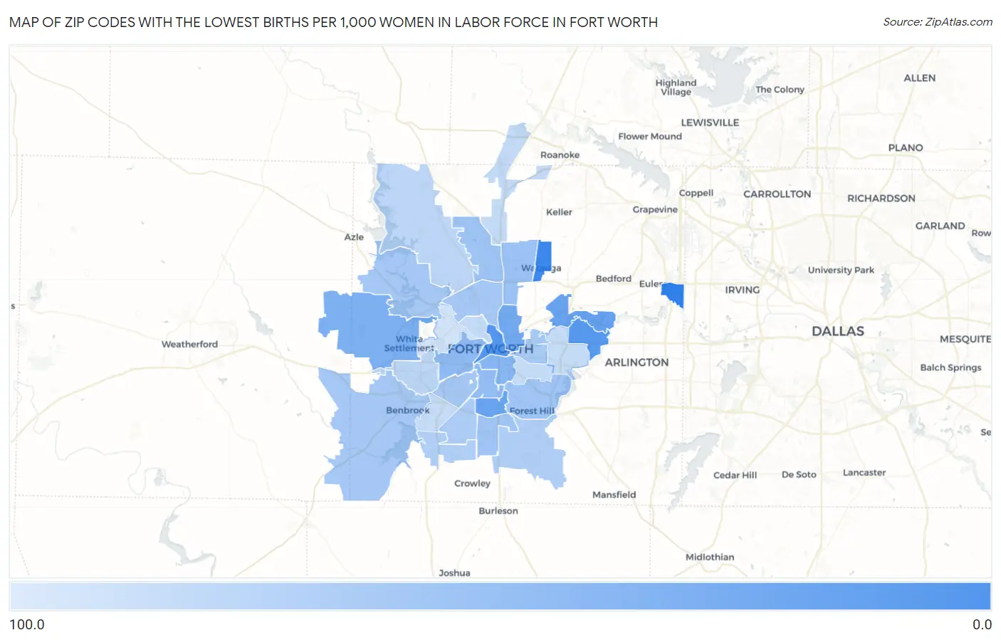 Zip Codes with the Lowest Births per 1,000 Women in Labor Force in Fort Worth Map