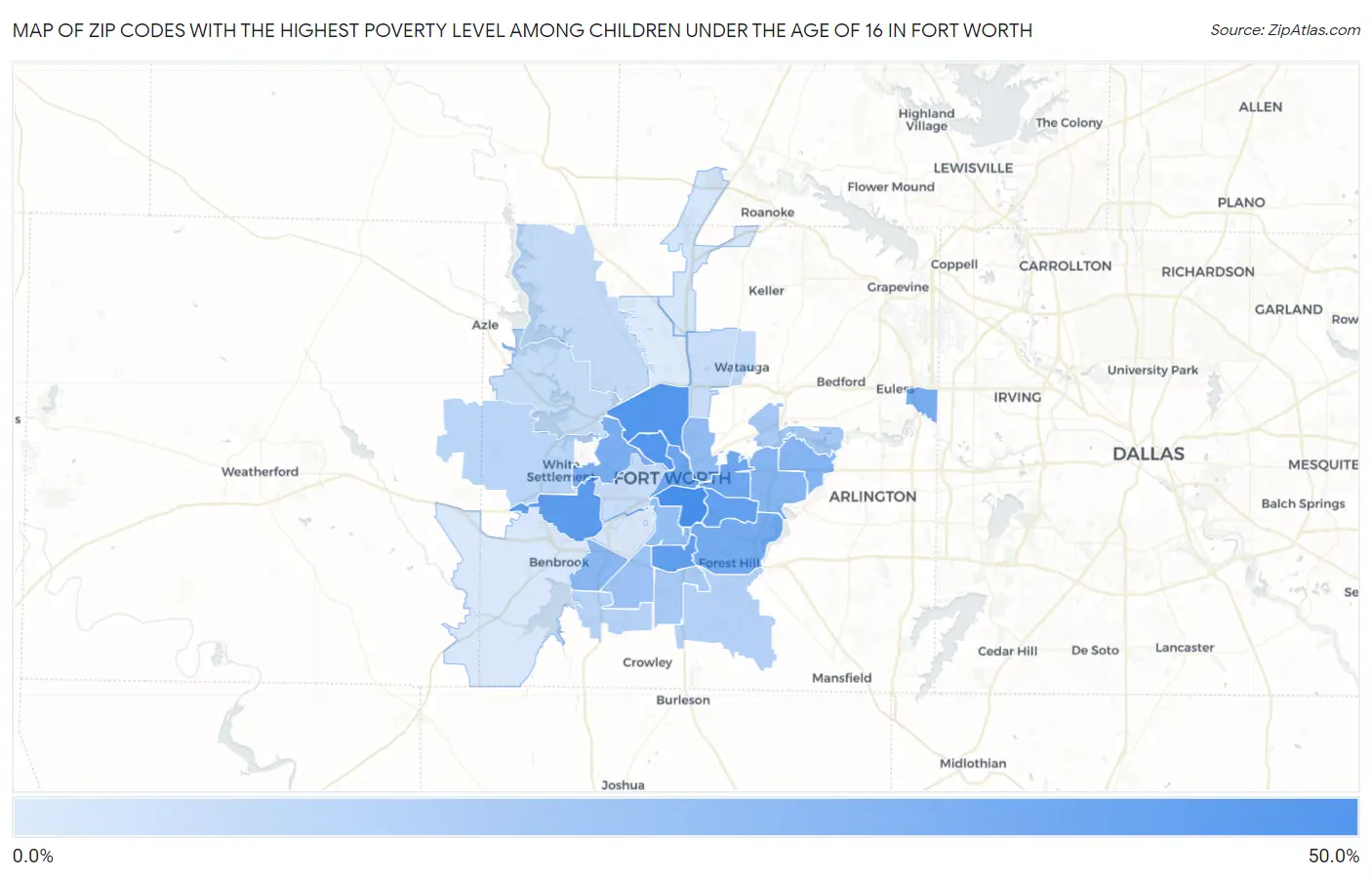 Zip Codes with the Highest Poverty Level Among Children Under the Age of 16 in Fort Worth Map