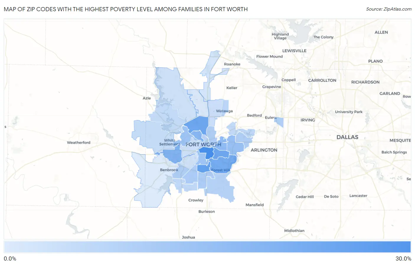 Zip Codes with the Highest Poverty Level Among Families in Fort Worth Map