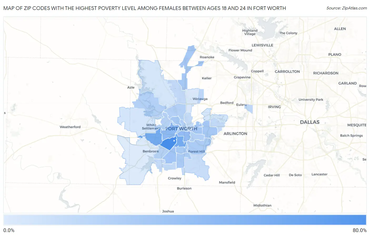 Zip Codes with the Highest Poverty Level Among Females Between Ages 18 and 24 in Fort Worth Map