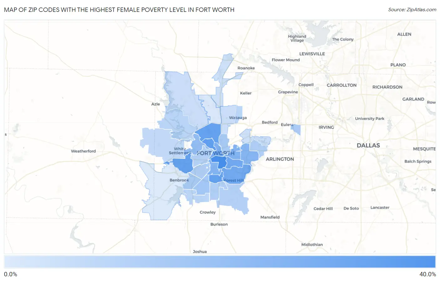 Zip Codes with the Highest Female Poverty Level in Fort Worth Map