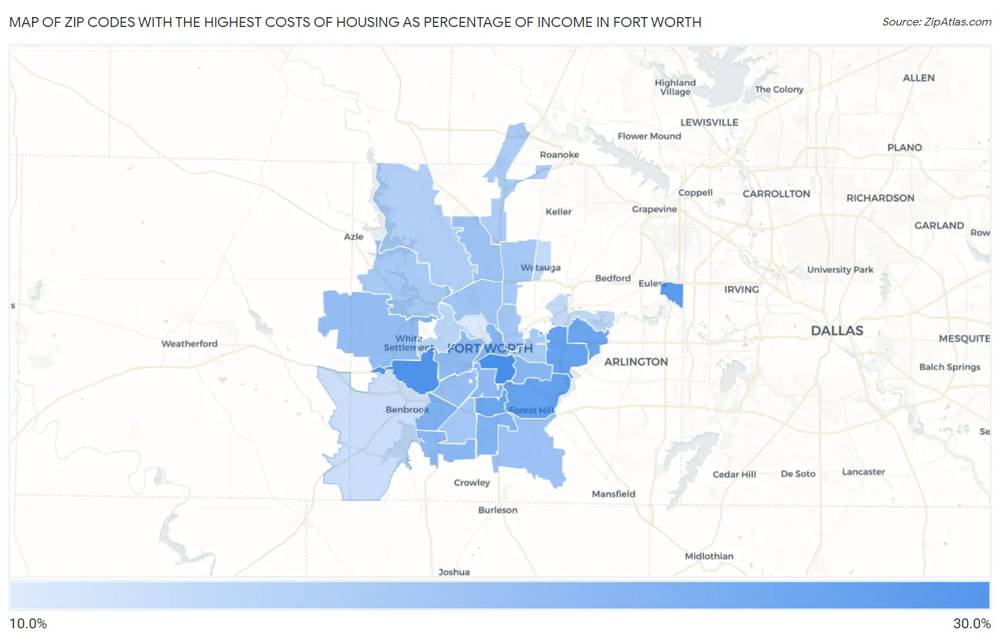 Zip Codes with the Highest Costs of Housing as Percentage of Income in Fort Worth Map