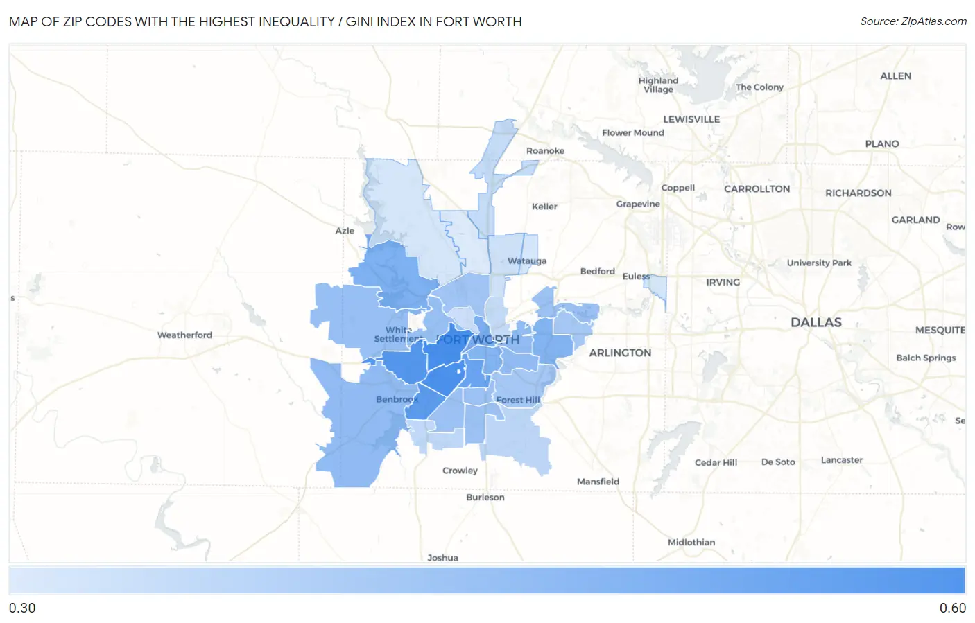 Zip Codes with the Highest Inequality / Gini Index in Fort Worth Map