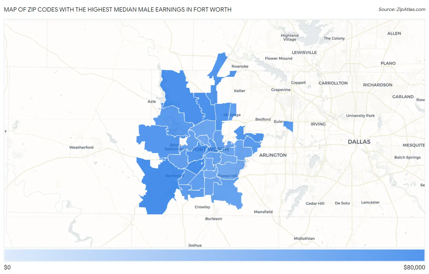Zip Codes with the Highest Median Male Earnings in Fort Worth Map