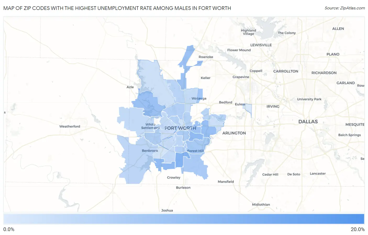 Zip Codes with the Highest Unemployment Rate Among Males in Fort Worth Map