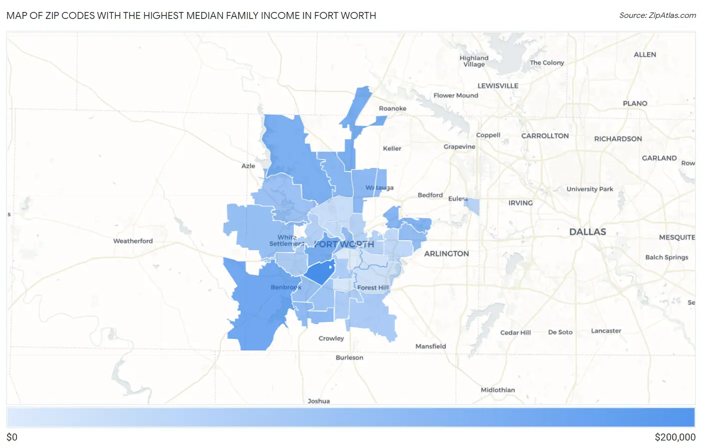 Zip Codes with the Highest Median Family Income in Fort Worth Map