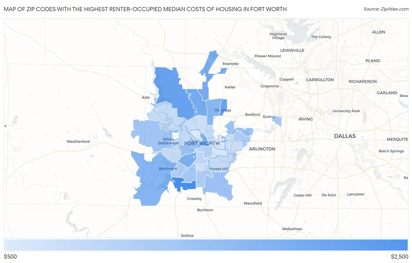 Zip Codes with the Highest Renter-Occupied Median Costs of Housing in Fort Worth Map