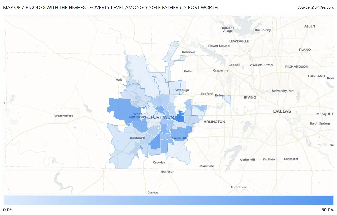 Zip Codes with the Highest Poverty Level Among Single Fathers in Fort Worth Map