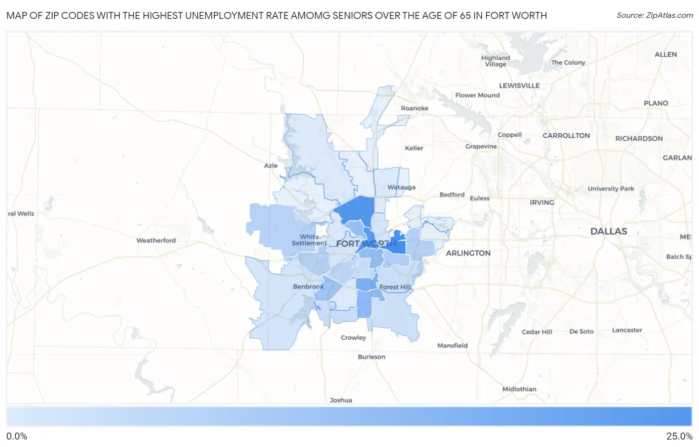 Zip Codes with the Highest Unemployment Rate Amomg Seniors Over the Age of 65 in Fort Worth Map