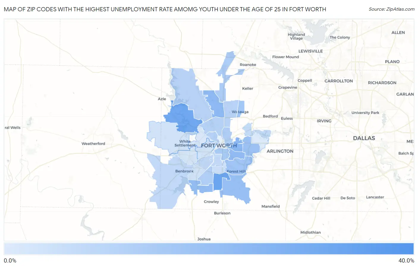 Zip Codes with the Highest Unemployment Rate Amomg Youth Under the Age of 25 in Fort Worth Map
