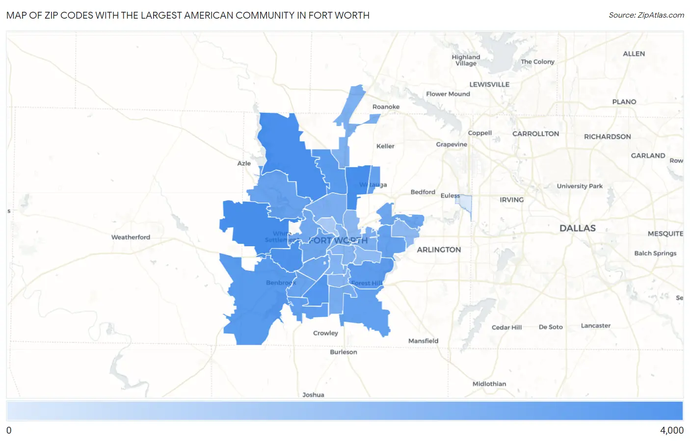 Zip Codes with the Largest American Community in Fort Worth Map