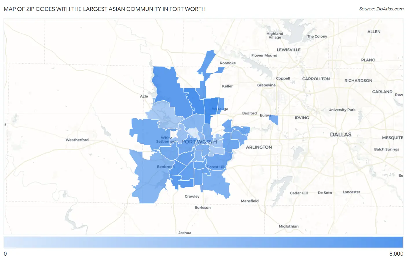 Zip Codes with the Largest Asian Community in Fort Worth Map