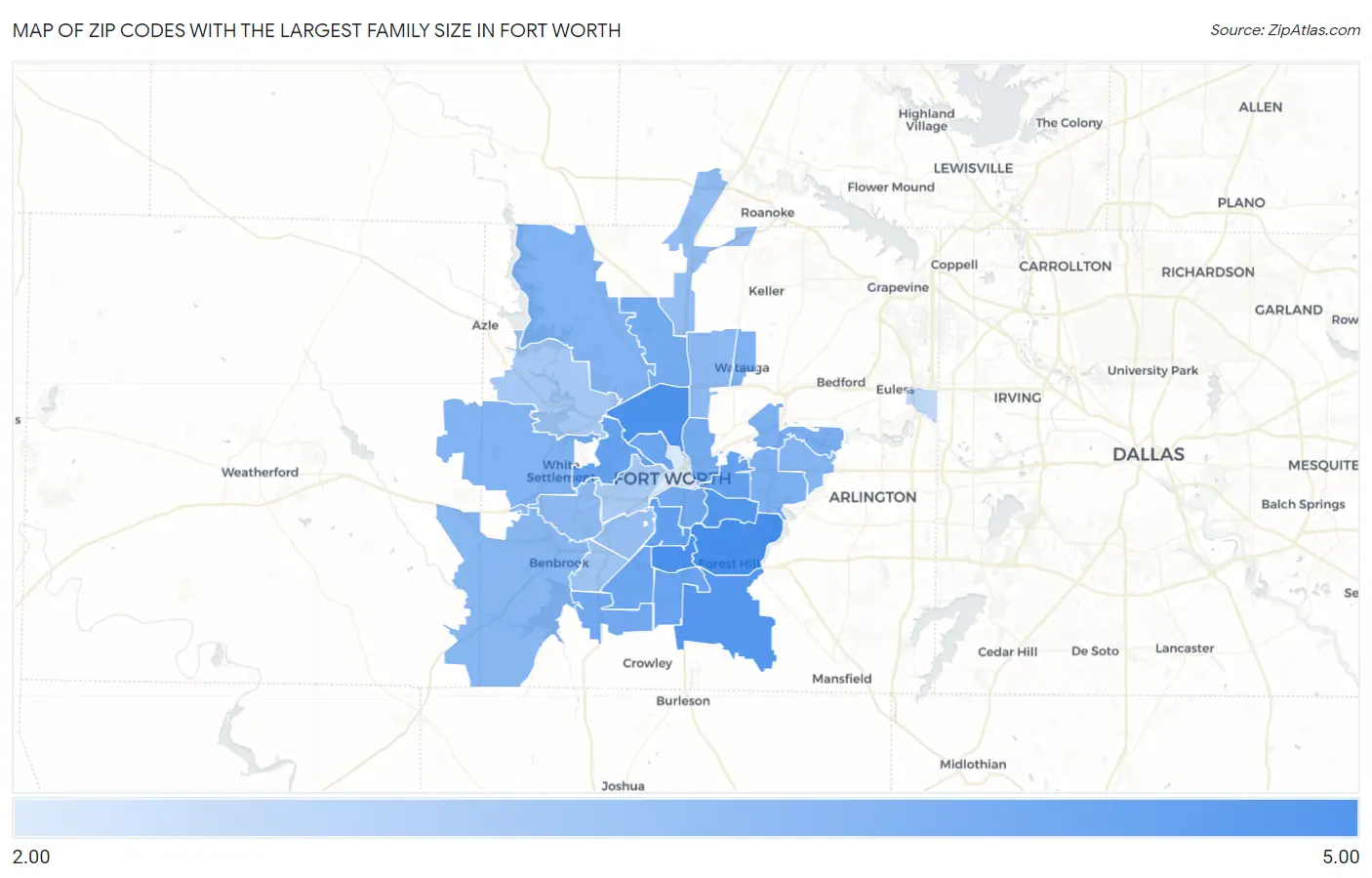 Zip Codes with the Largest Family Size in Fort Worth Map