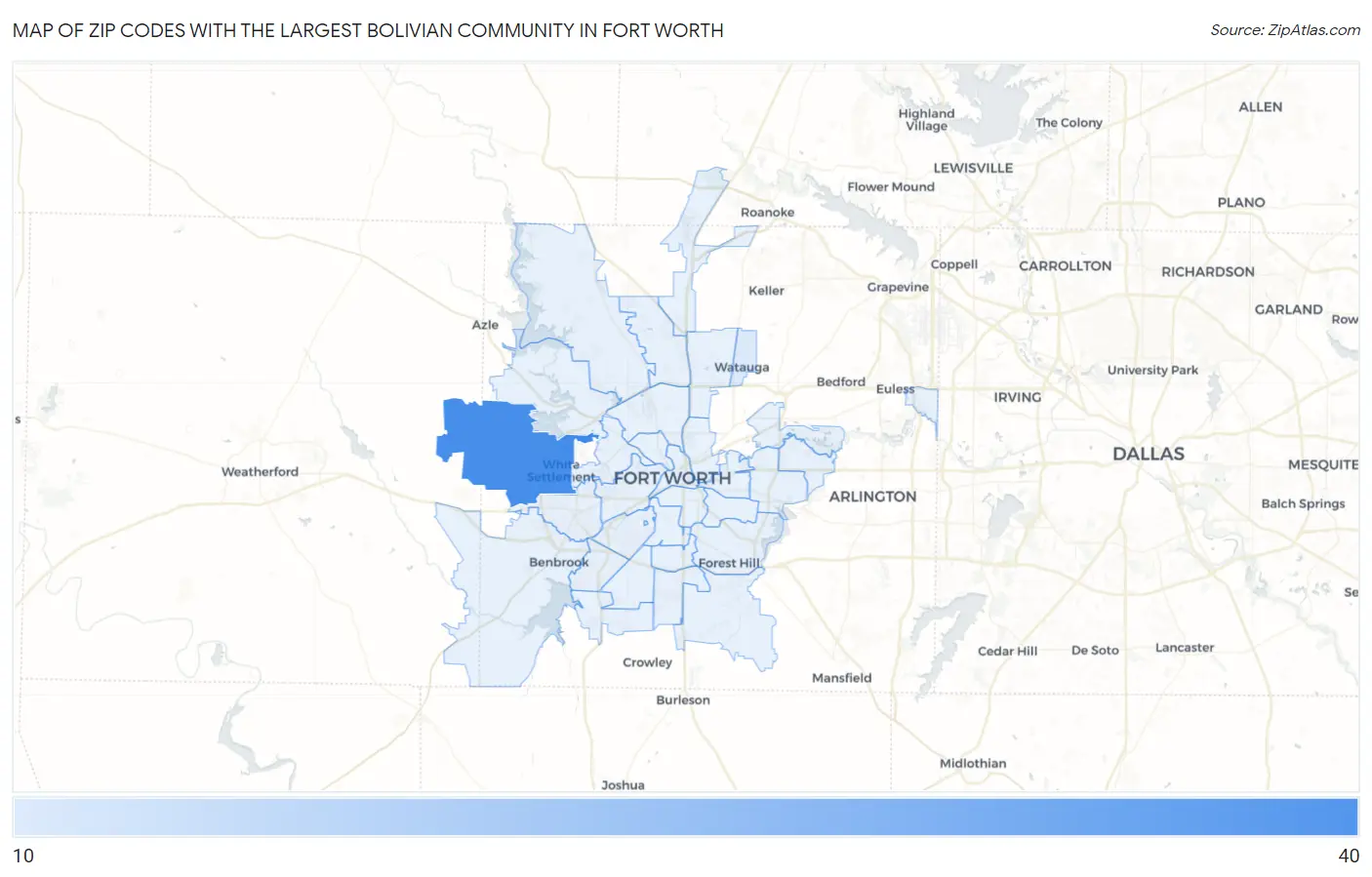 Zip Codes with the Largest Bolivian Community in Fort Worth Map