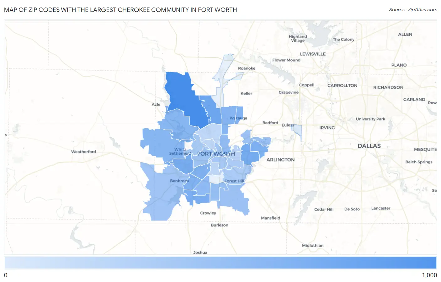 Zip Codes with the Largest Cherokee Community in Fort Worth Map