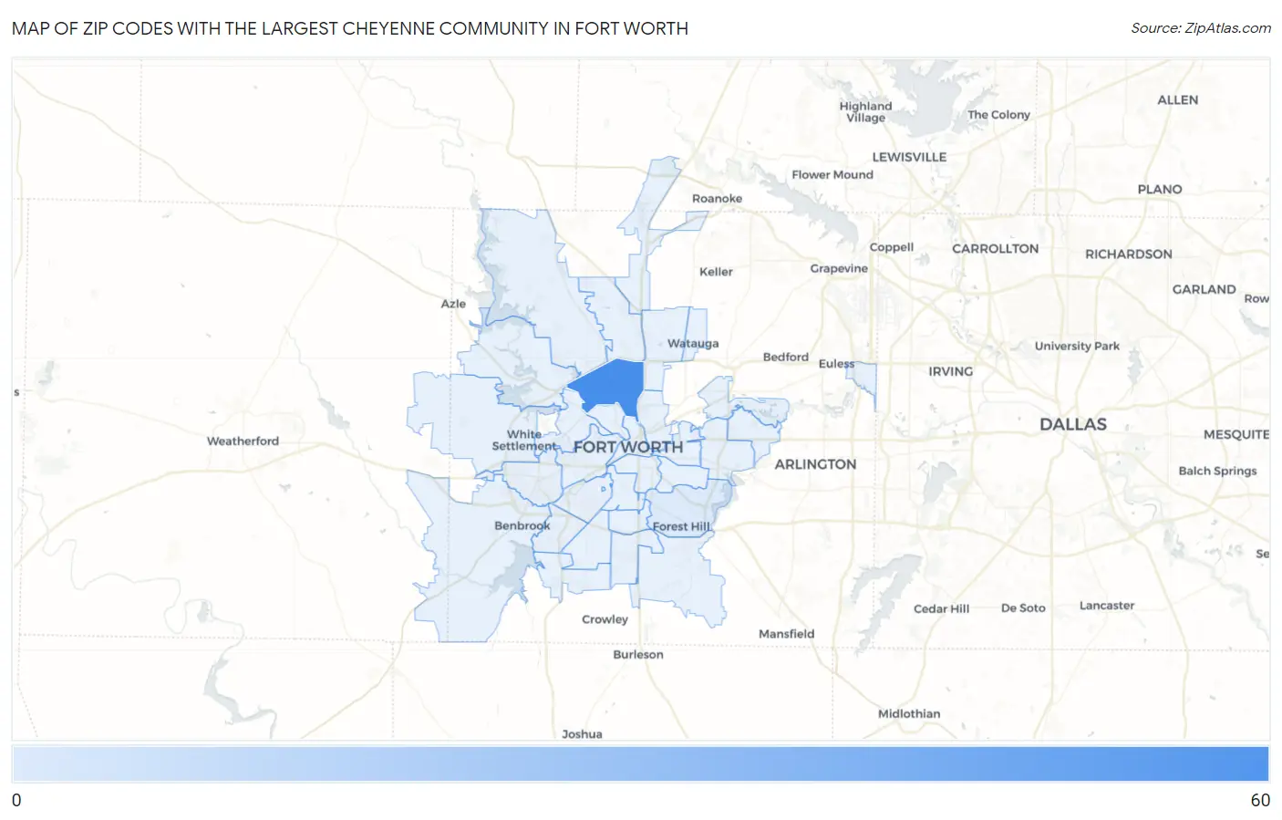 Zip Codes with the Largest Cheyenne Community in Fort Worth Map