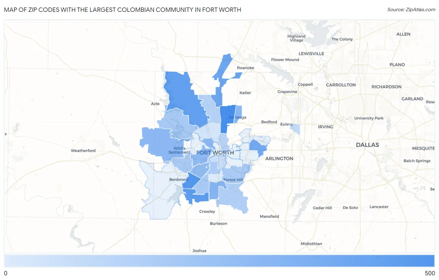 Zip Codes with the Largest Colombian Community in Fort Worth Map