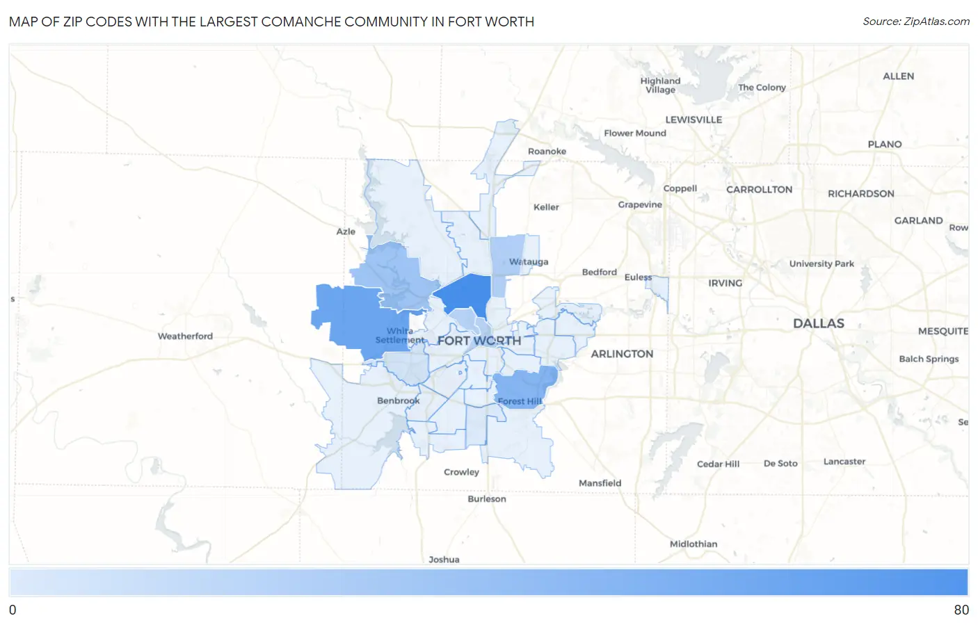 Zip Codes with the Largest Comanche Community in Fort Worth Map
