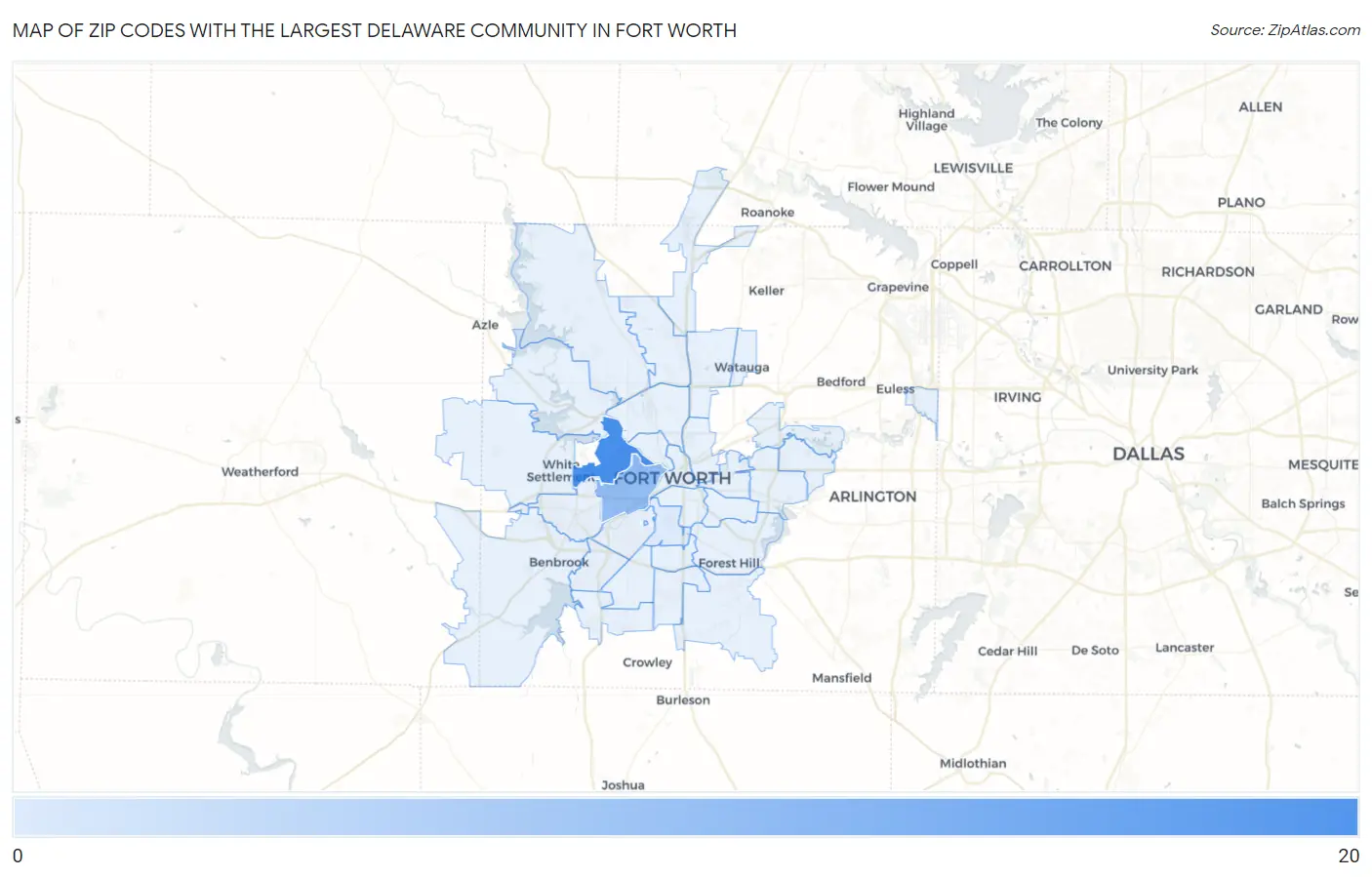 Zip Codes with the Largest Delaware Community in Fort Worth Map