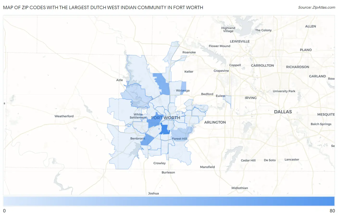 Zip Codes with the Largest Dutch West Indian Community in Fort Worth Map